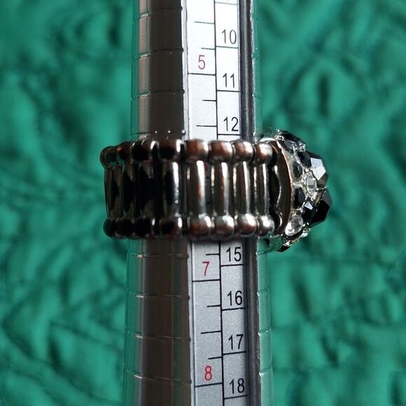 Vintage Black, Grey, White/Clear Rhinestone Statement Ring - Adjustable Band - Picture 10 of 12